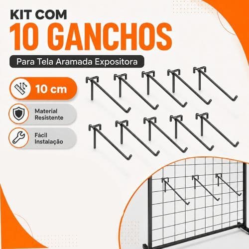 Kit 10 Ganchos 10cm para Tela Aramada Expositor Loja Preto