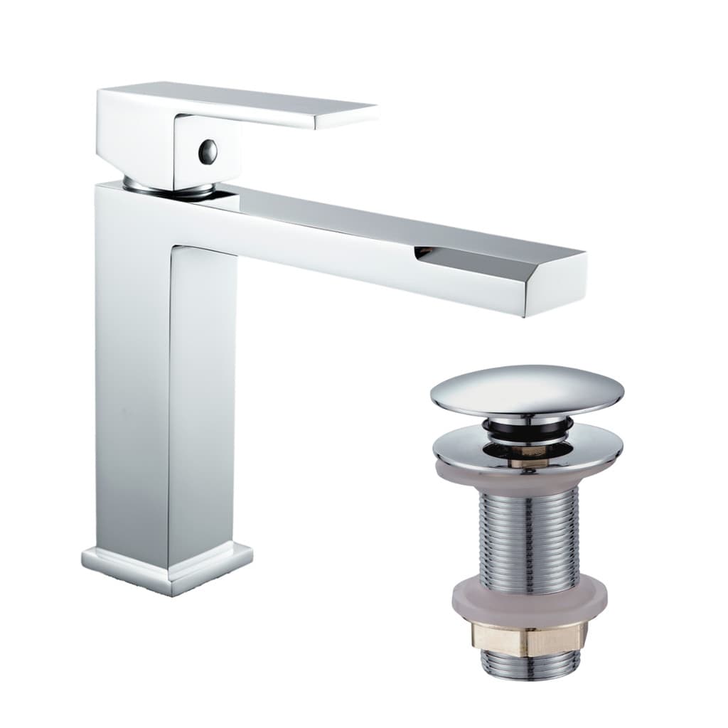 Torneira Monocomando de mesa para Banheiro Bica Baixa Quadrada + Válvula Click para Cuba 7/8 Redonda Cromado Brilhante