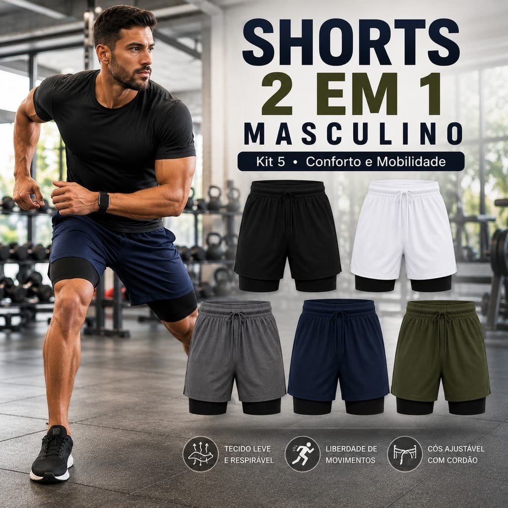 Kit 5 Shorts Masculino 2 em 1 Dry Fit Sem Estampa com Forro Interno Bolso Celular Academia Treino Corrida