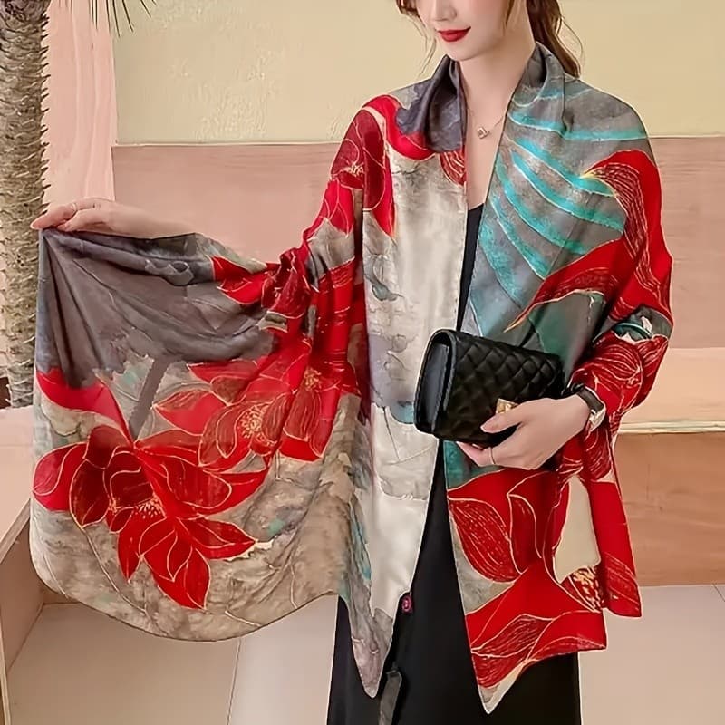 Elegante Lenço de Cetim Estampado: Xale Respirável, Durável e Moderno, Adequado para Vários Estilos BG5P