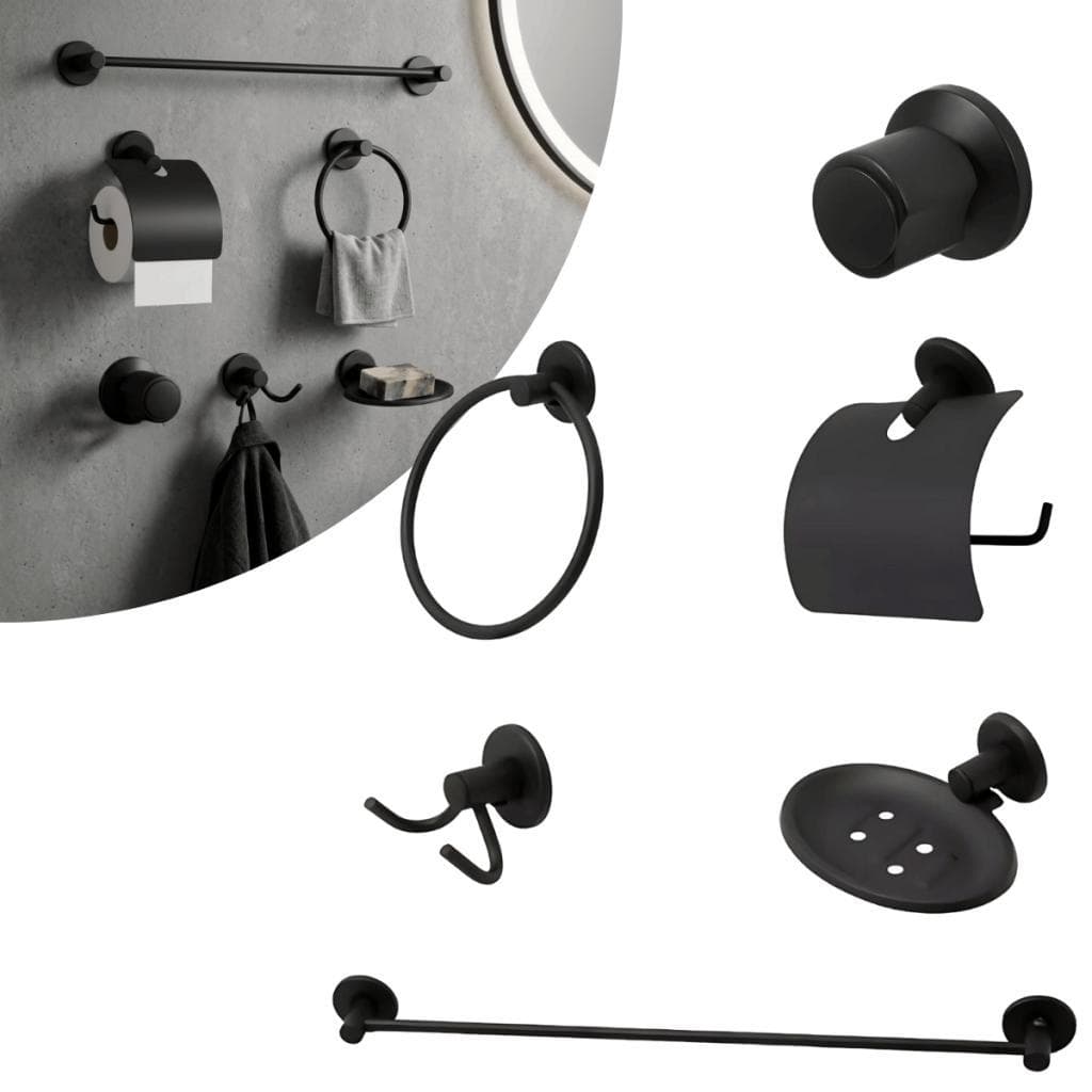 Kit Banheiro 6 Peças Preto Fosco Inox Custo-Benefício Saboneteira Papeleira e Porta Toalhas