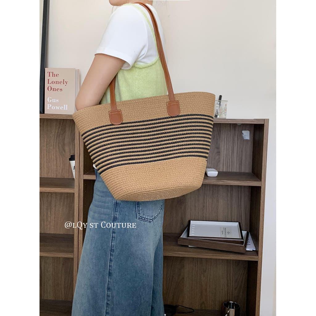 Li Qiaoyou estilo coreano ins estilo listrado costura bolsa de palha feminina verão grande capacidade simples All-Match