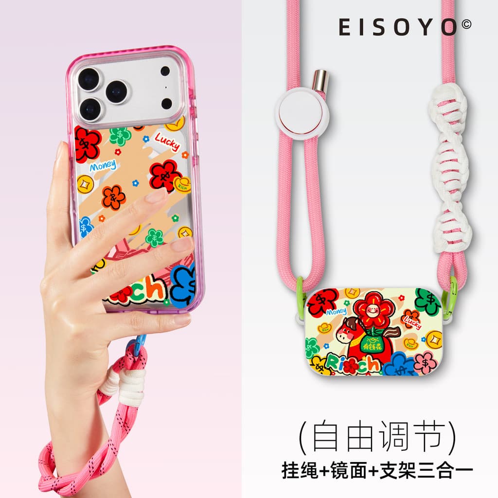 Cordão traseiro para celular, cordão com flor rica, pingente de pônei, junta, corrente de pulso, ombro ajustável, pingen