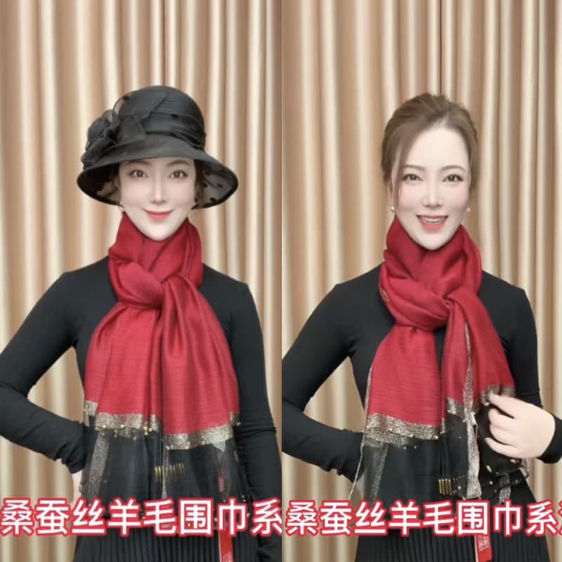 2026 primavera outono inverno novo estilo lã de seda frisado lenço de seda estilo longo feminino All-Match Cheongsam cac