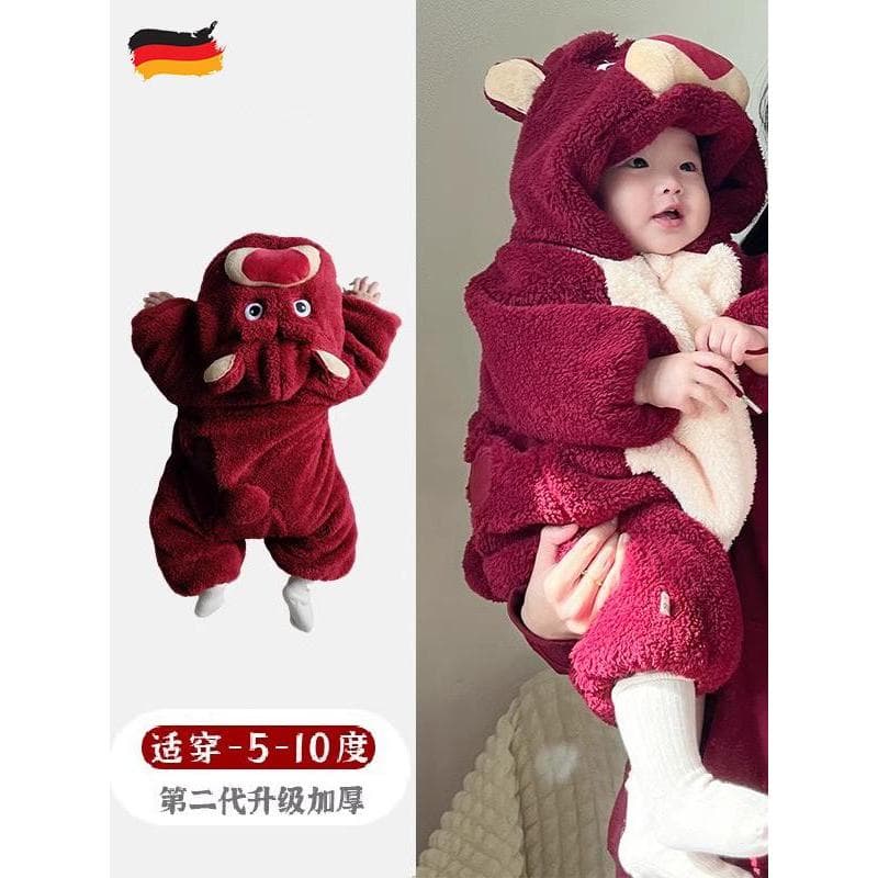 Bebê alemão outono inverno estilo roupas de bebê morango urso macacão inverno Outing macacão Super bonito roupas de inve