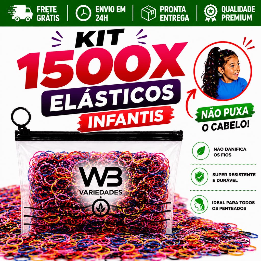 Kit 1500 Elásticos de Cabelo Feminino Multicolorido com Necessaire Envio Rápido