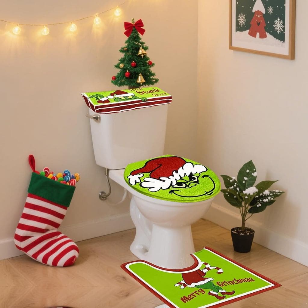 Decorações de Natal - Capa de Assento Sanitário Grinch - Conjuntos de Natal para Banheiro - Capa de Assento Sanitário De