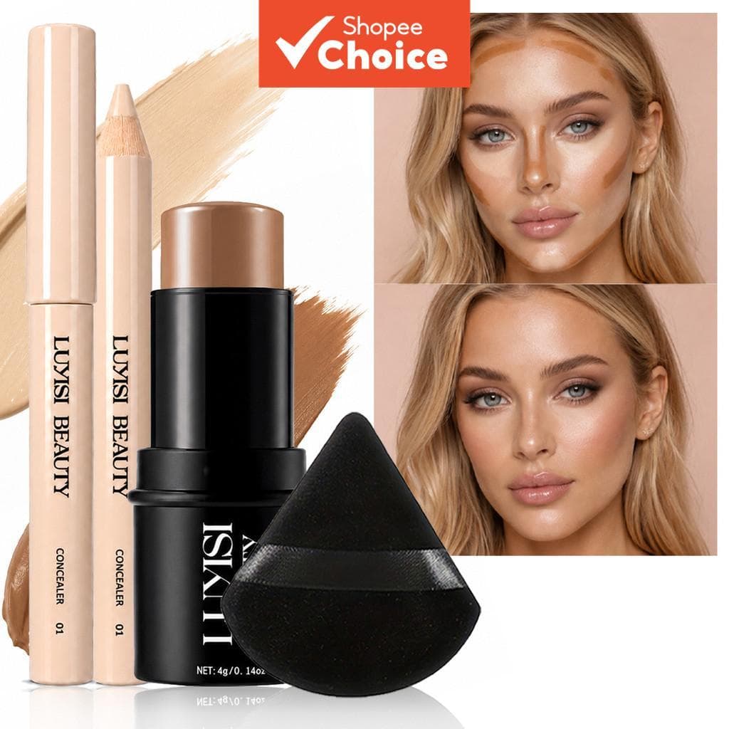 Conjunto de Maquiagem Facial 3 Peças - Corretivo + Contorno + Esponja de Mistura - À Prova d’Água, Resistente a