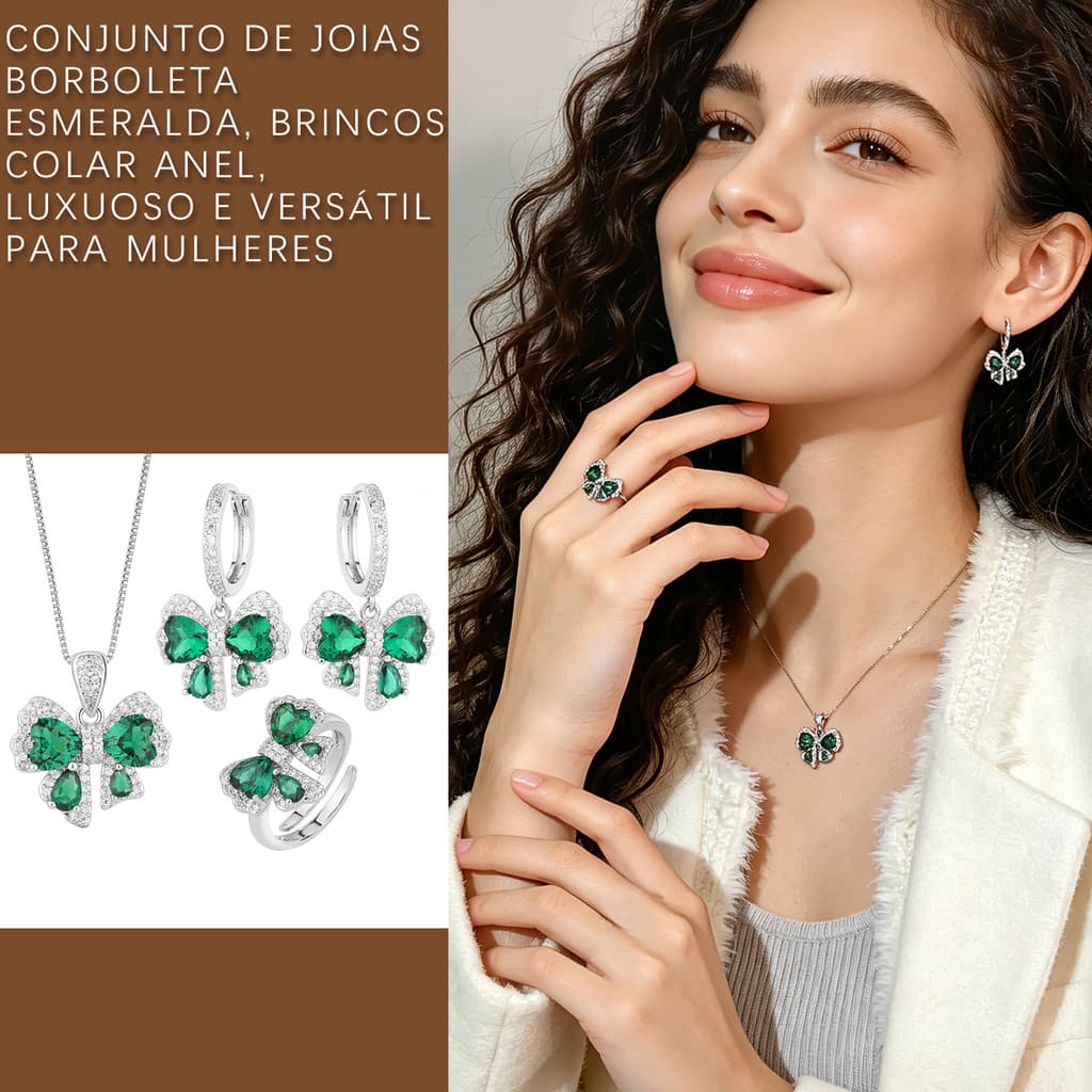 Conjunto de Joias Borboleta Esmeralda, Brincos Colar Anel, Luxuoso e Versátil para Mulheres