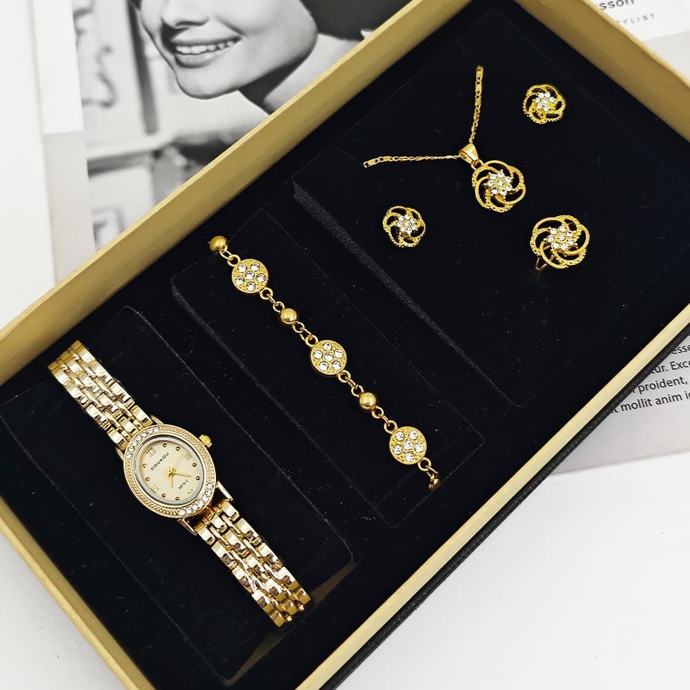 Relógio feminino relógio feminino conjunto de jóias feminino floco de neve jóias pulseira conjunto de 5 peças pequeno qu
