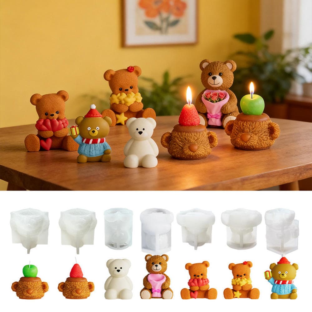 Bonito Mini Ursinho De Pelúcia Conjunto De Molde De Vela De Silicone Estátua De Urso De Desenho Animado Para Cera De Soj