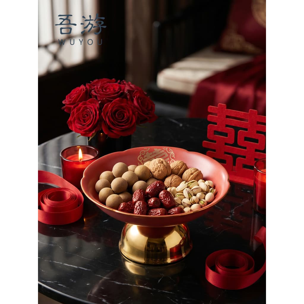 Wuyou casamento prato de lanche de pés altos placa de pastelaria casa sala de estar prato de frutas vermelho festivo pre