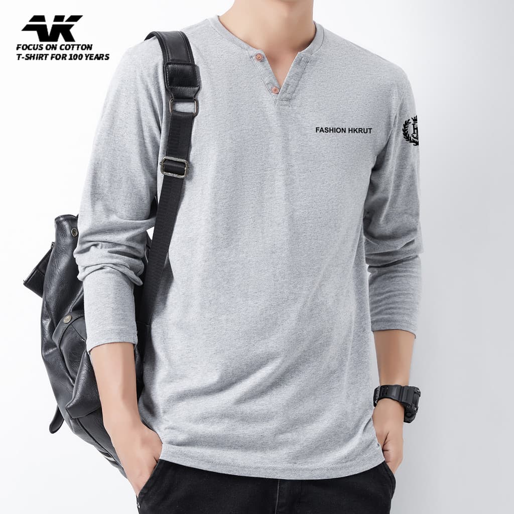 Novo estilo impresso puro algodão botão-pescoço manga comprida camiseta masculina versão coreana com decote em V solto c