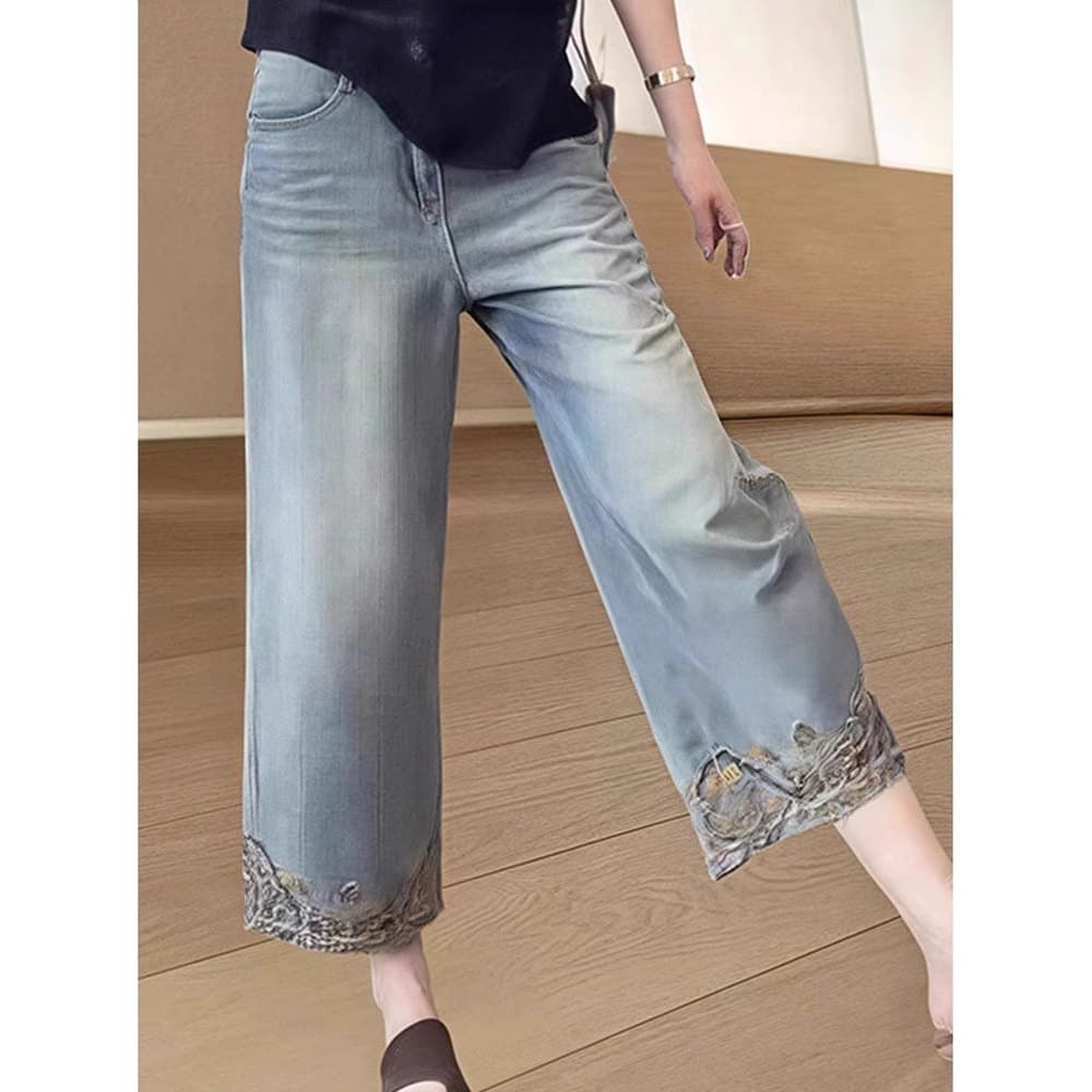 2026 verão novo estilo bens europeus bordados cintura alta mais magro olhar Jeans retos tamanho grande All-Match tornoze