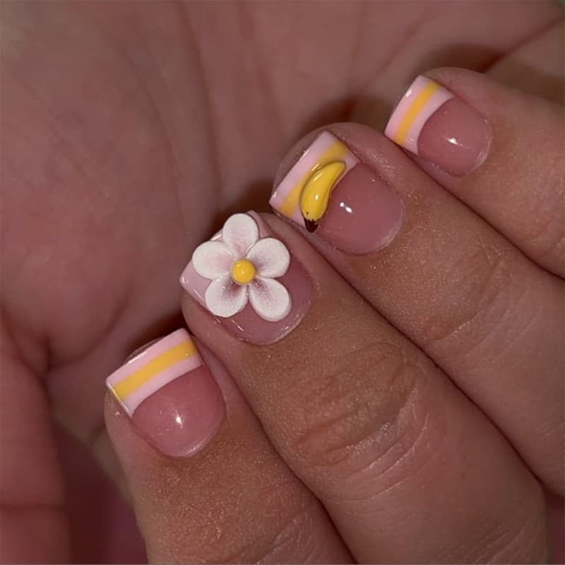 Conjunto Manicure Falsa Francesa Rosa blg Tema Frutas E Flores 3D