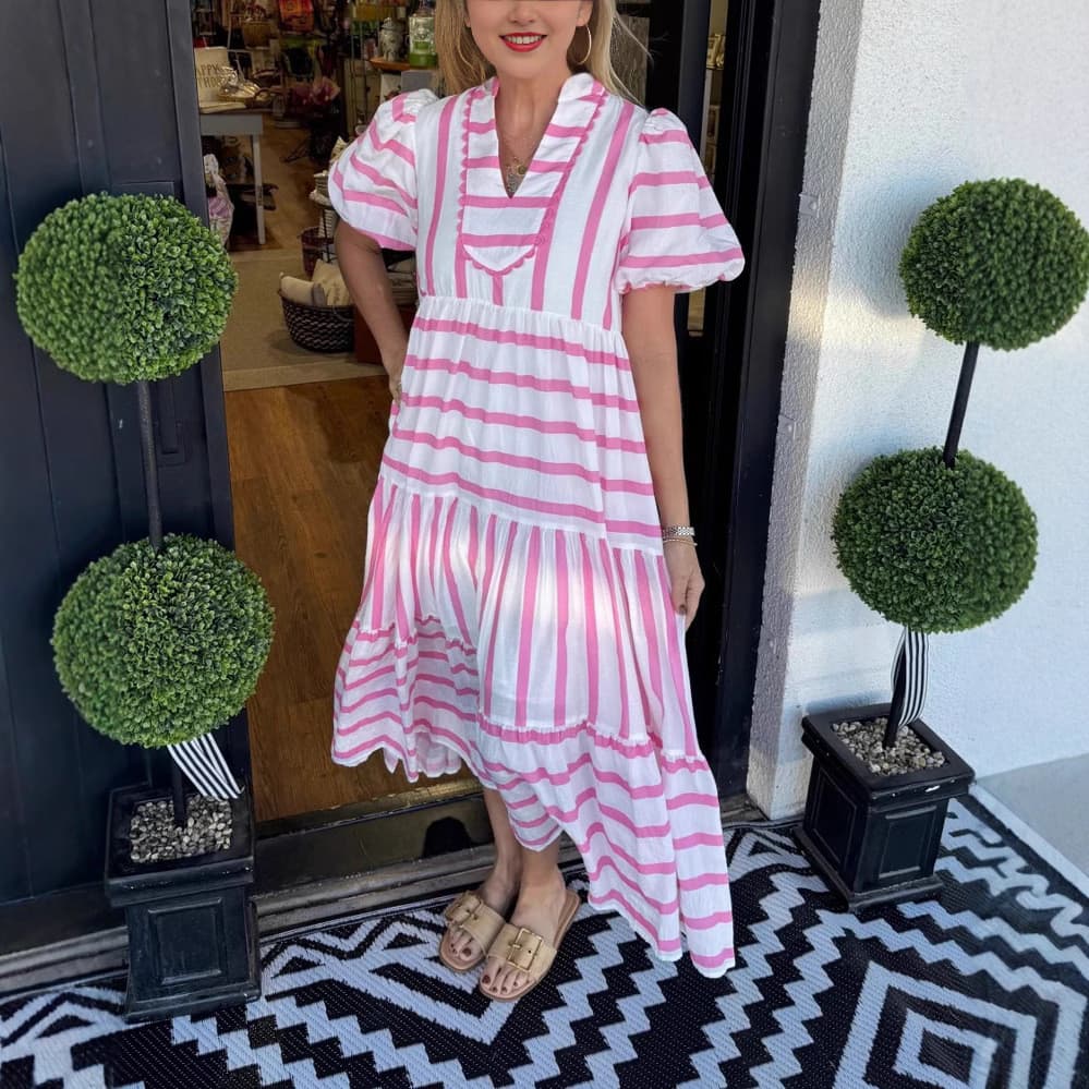 Vestido listrado patchwork europa américa 2025 verão novo estilo feminino listrado vestido de costura longa