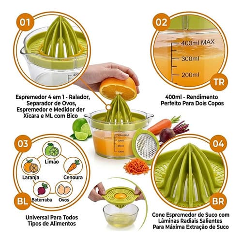 Espremedor 4 Em 1 Inox Ralador Separador Ovos Suco Laranja Verde-limão