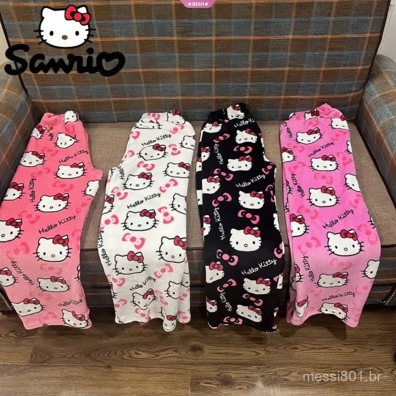 Pijama Feminino de Flanela Preta Sanrio Hello Kitty, Lã Quente, Calças Casuais, Elegante para Outono e Inverno XPSU