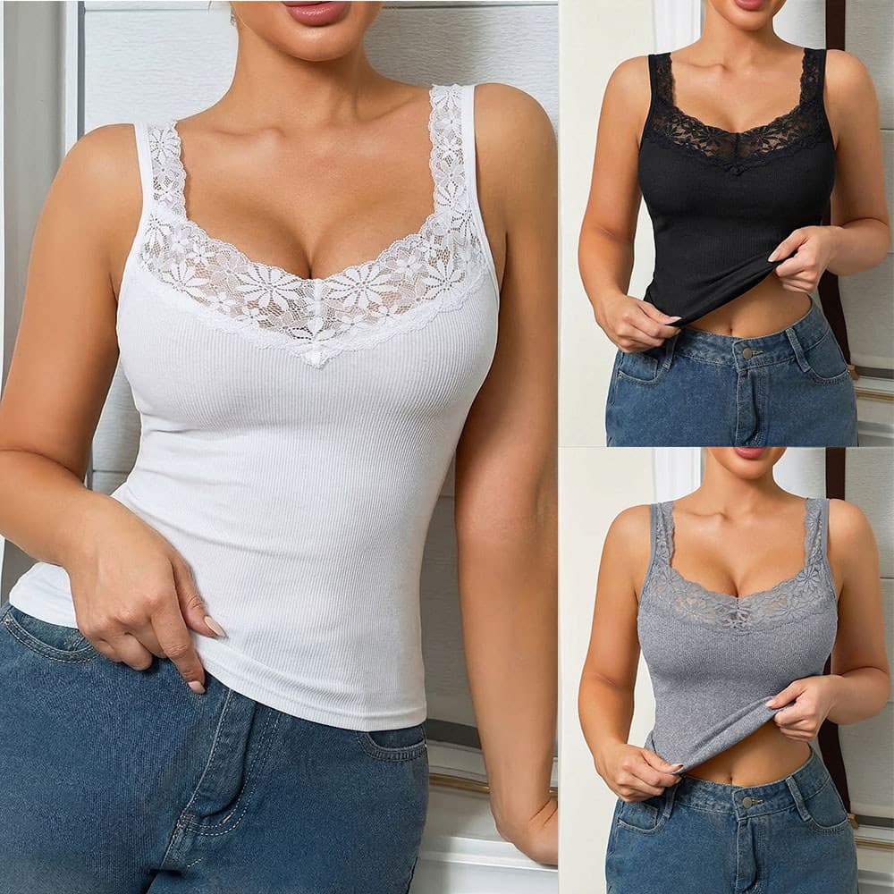 Colete Feminino Camisola Regata Renda Decote Slim Fit