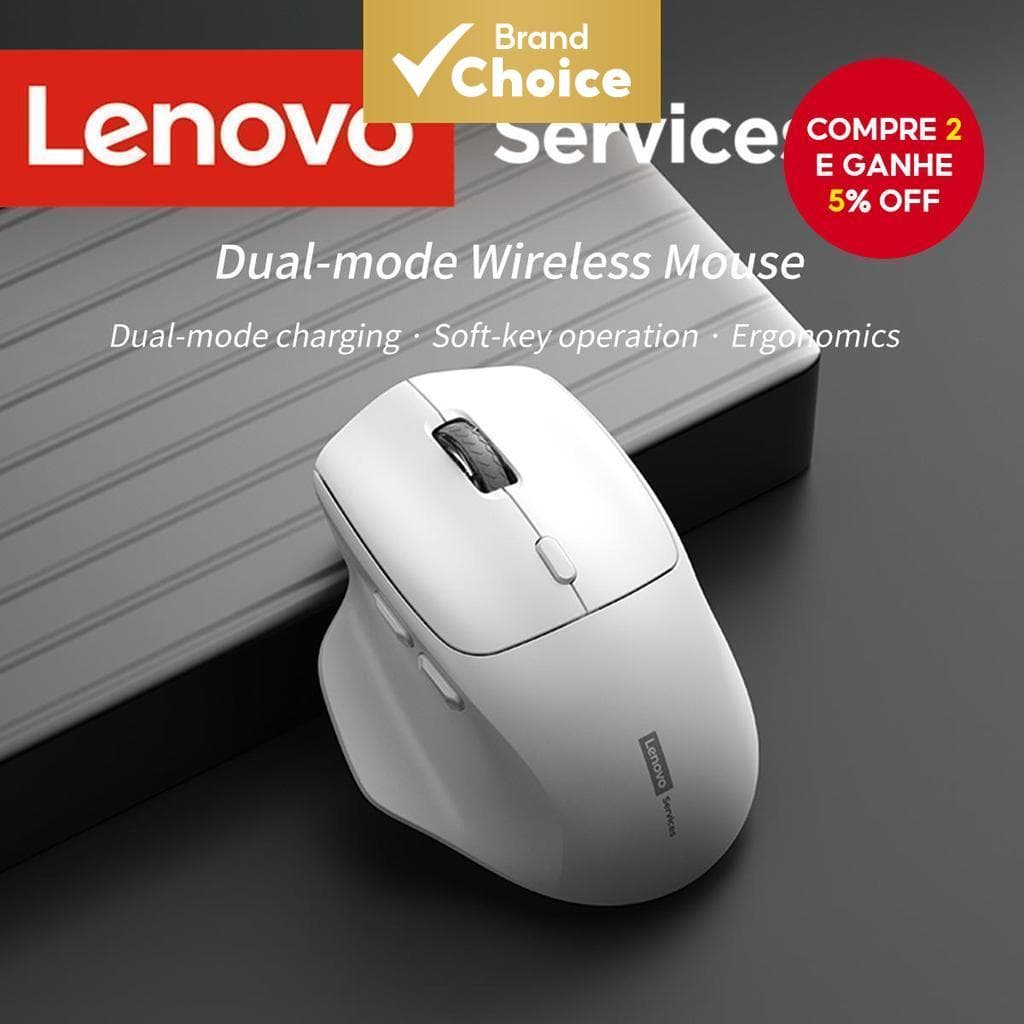 Mouse Sem Fio Lenovo, Design Ergonômico, Confortável de Usar, Conexão Dual-Mode, Ideal para Jogos e Uso em Escritório,