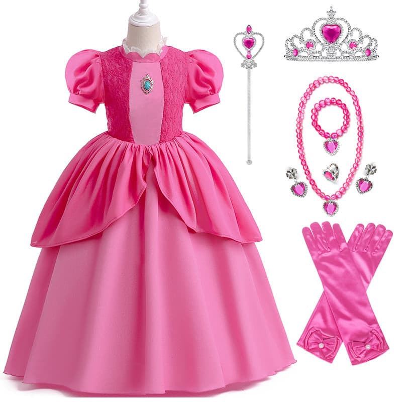 Fantasia de Princesa Peach do Super Mario para Halloween 2023, Trajes de Apresentação para Crianças de 3 a 10 Anos W77X