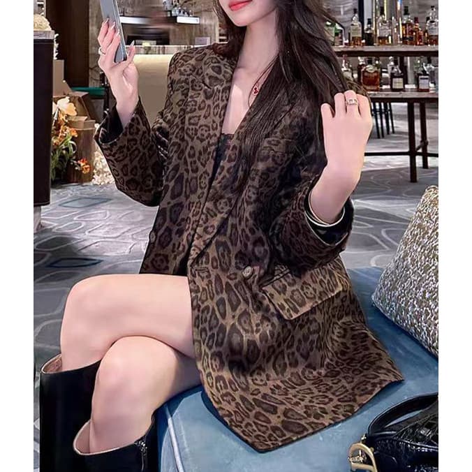 Novas senhoras estilo de comprimento médio (Retro leopardo impressão Blazer tamanho grande solto Casual All-Match terno