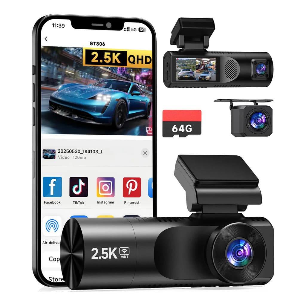 Câmera Veicular 3 Canais 2.5k+1080p Cartão 64gb Tela Ips 1.97 Pol Olafvi Dvr Lente Interna E Externa Ideal Para Uber