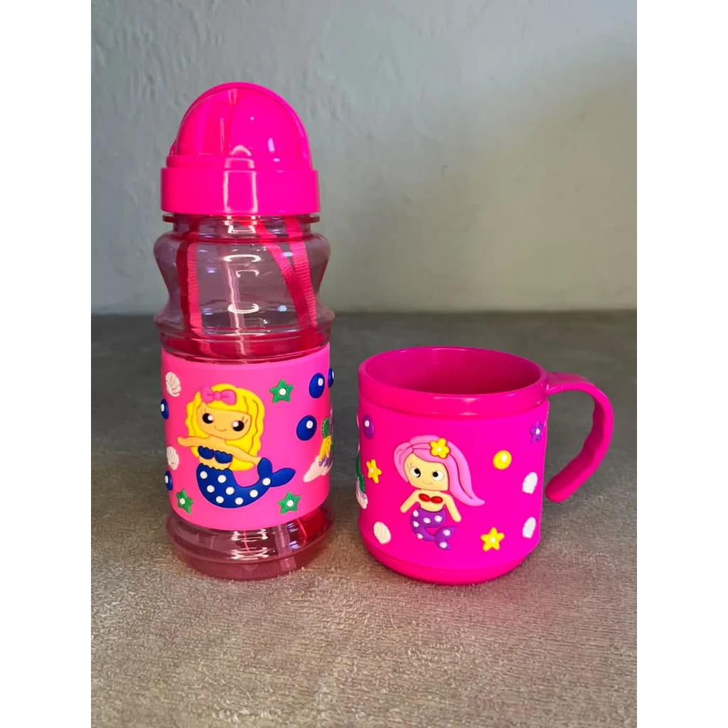 Kit Caneca E Garrafa Infantil Plástica Alto Relevo 3d Escola Rosa-chiclete Sereia