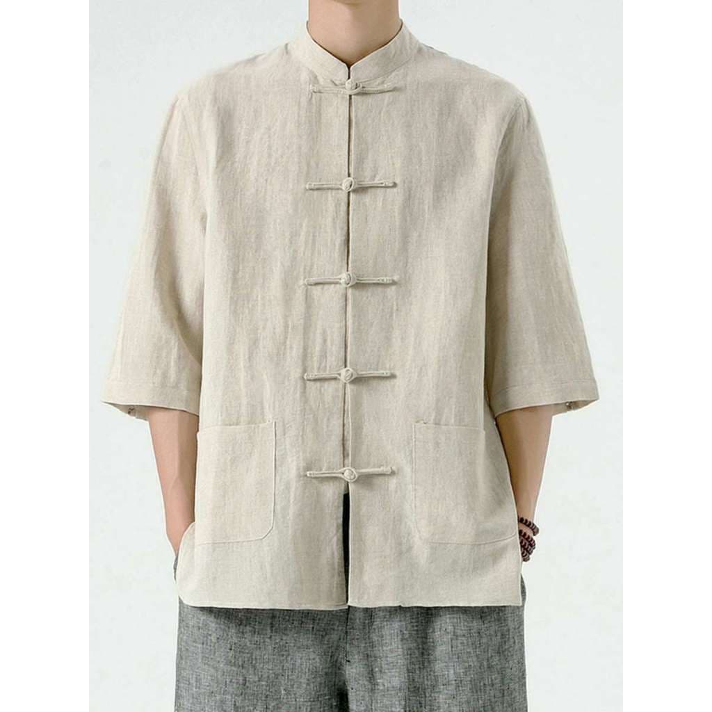 Tang terno topo de manga curta masculino verão novo estilo chinês abotoado camisa estilo chinês linho algodão linho meia