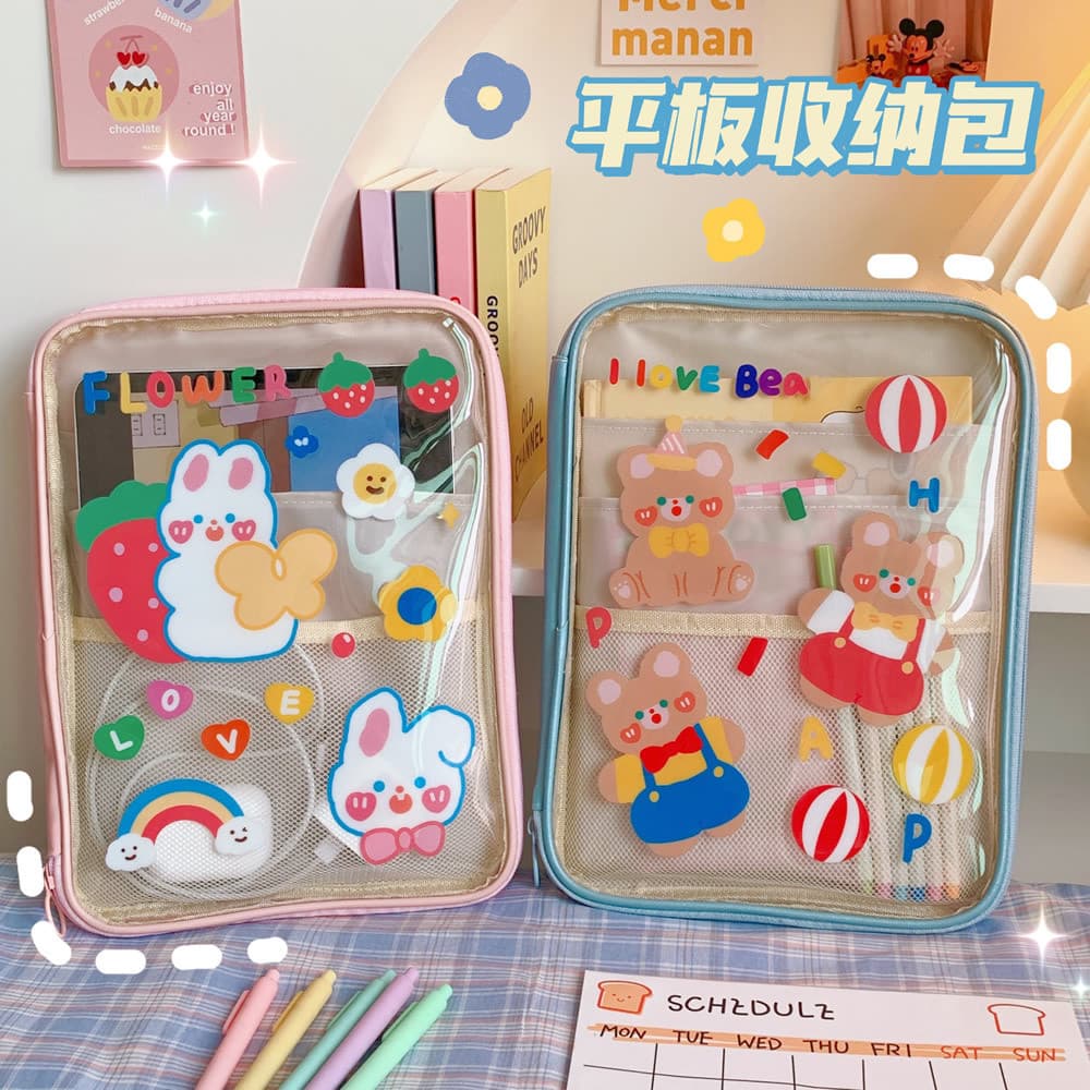 Estudante pequeno presente estilo Notebook 37cm Tablet saco transparente dos desenhos animados bonito saco de armazename