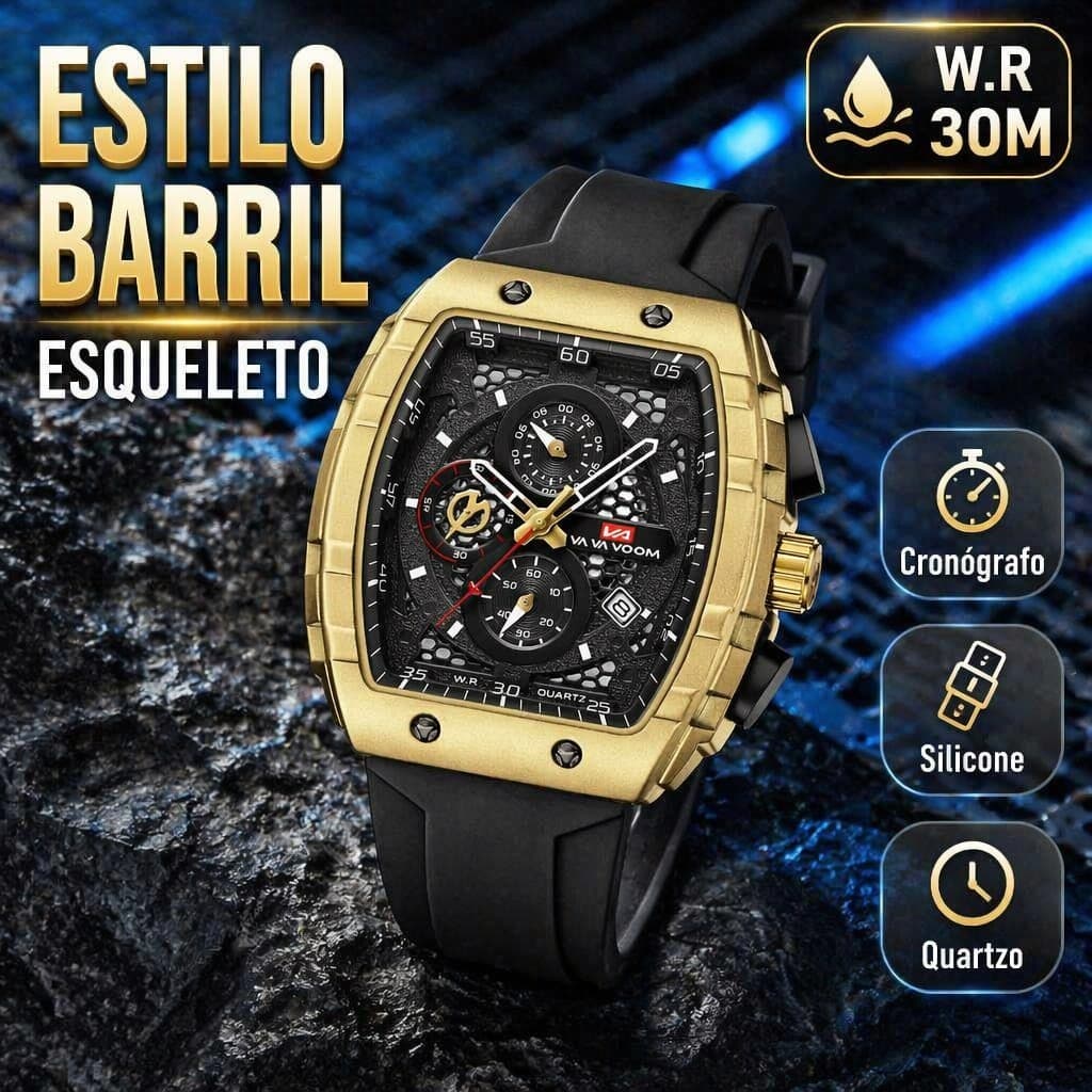 Relógio Masculino Esportivo Cronógrafo Quartzo Barrel Design Mostrador Esqueleto Pulseira Silicone Resistente à Água