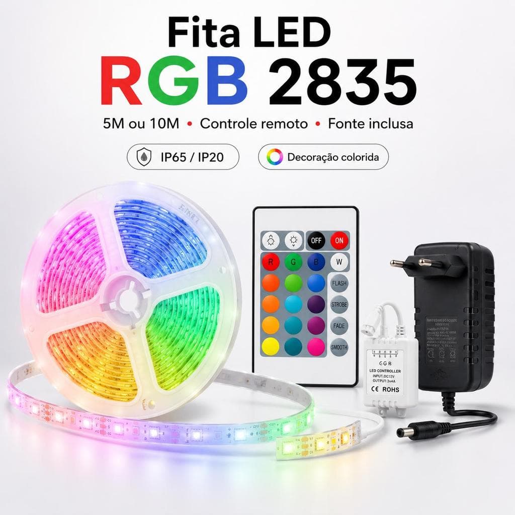 Fita LED RGB 2835 5M/10M com Controle Remoto e Fonte, Luz Colorida para Decoração, Quarto, TV, Festa e Natal