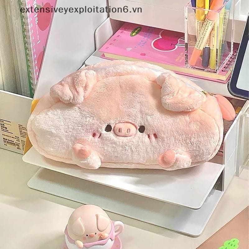 Novo estojo de lápis em forma de porco de pelúcia rosa, caixa de armazenamento de material escolar de alta qualidade e f