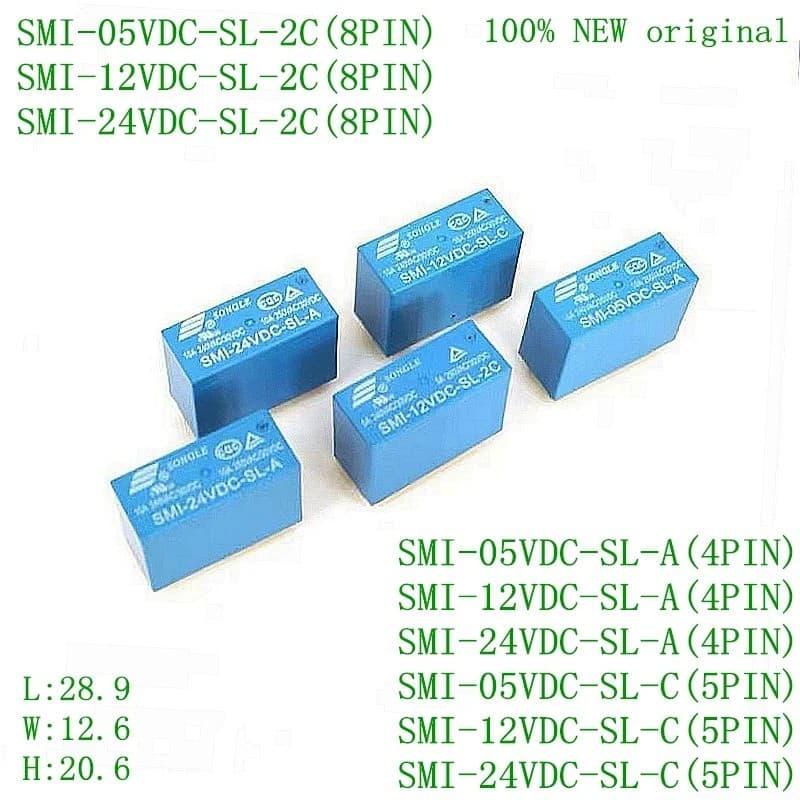 10 Pçs/Lote SMI-05V 12V 24VDC-SL-2C 05VDC A 12VDC C 10A 4/5/8PIN Relé 5V 12V 24V 100 % Original Novo