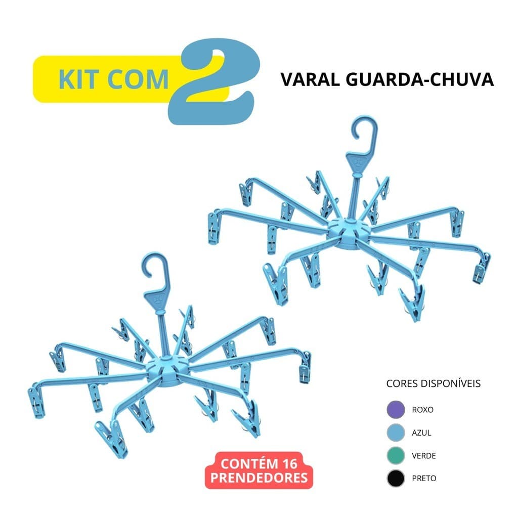 Kit com 2 Varal Dobrável Prendedores Guarda Chuva AmpePlast Roupas Íntimas Reforçado