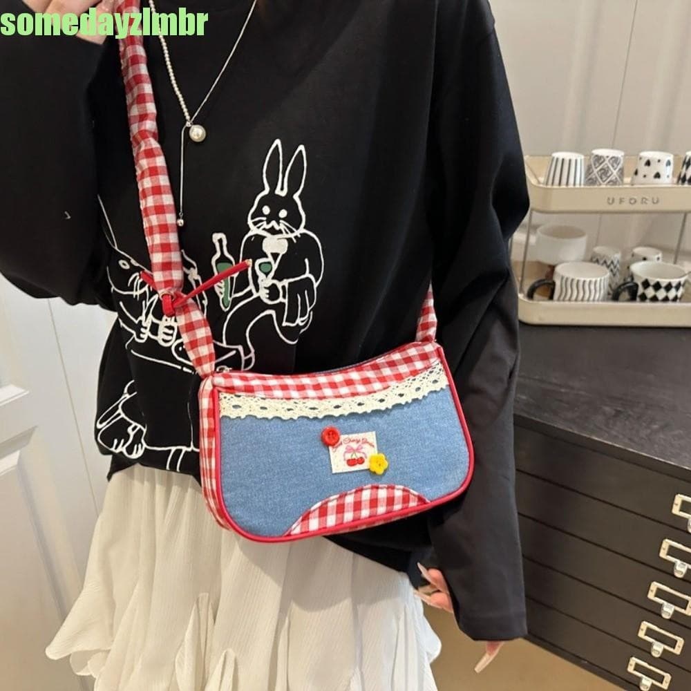 SOMEDAYZL0M Bolsa De Ombro Treliça , Jeans Xadrez Com Laço Nas Axilas Crossbody De Deslocamento Estilo Rural De Lazer