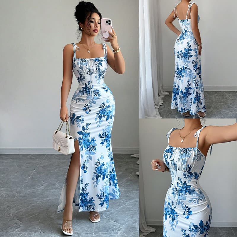 Vestido feminino com fenda Floral Slim fit