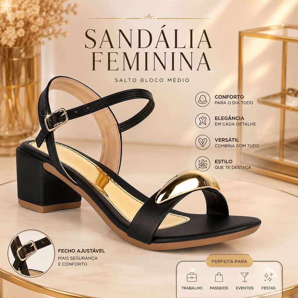 Sandália Feminina Salto Bloco Médio 6 cm Confortável Tira Fivela Casual Elegante Festa Trabalho Moda