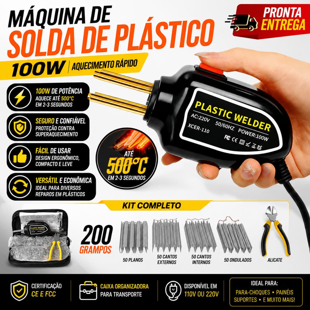 Mini Soldador Plástico 100W Portátil - Kit 200 Pecas para Reparo de Pára-Choques 110V/220V