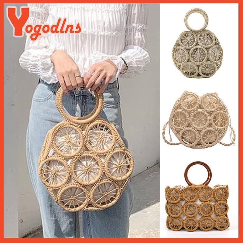 Bolsa de Palha Redonda de Rattan para Mulheres Yogodlns, Bolsa de Ombro Transversal de Praia de Verão