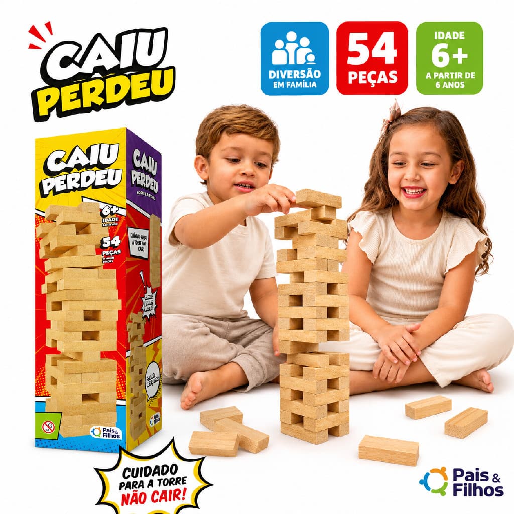 Jogo de Estratégia Caiu Perdeu Pais & Filhos 54 Peças MDF Madeira