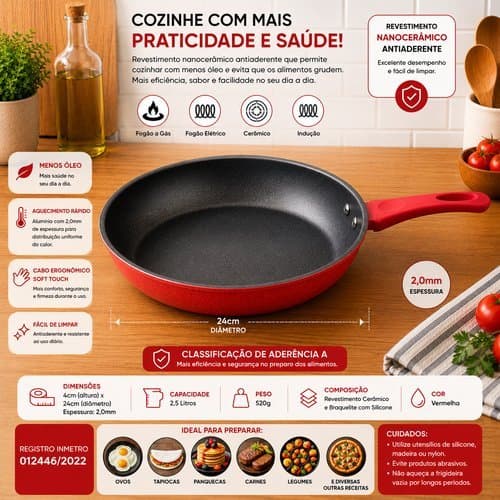 Frigideira Nanoceramica 24cm Vermelha Antiaderente Duravel Saudavel Cozinha
