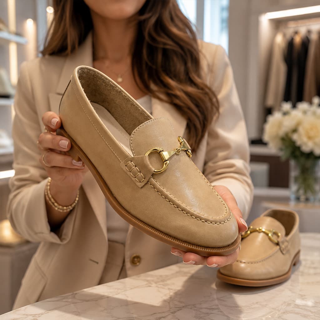 Mocassim Feminino Bege com Fivela Dourada Loafer Confortável Salto Baixo Casual Social para Trabalho