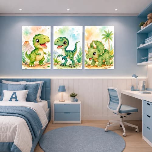 Kit 03 Quadros Decorativos Para Quarto Infantil Dino 50x90