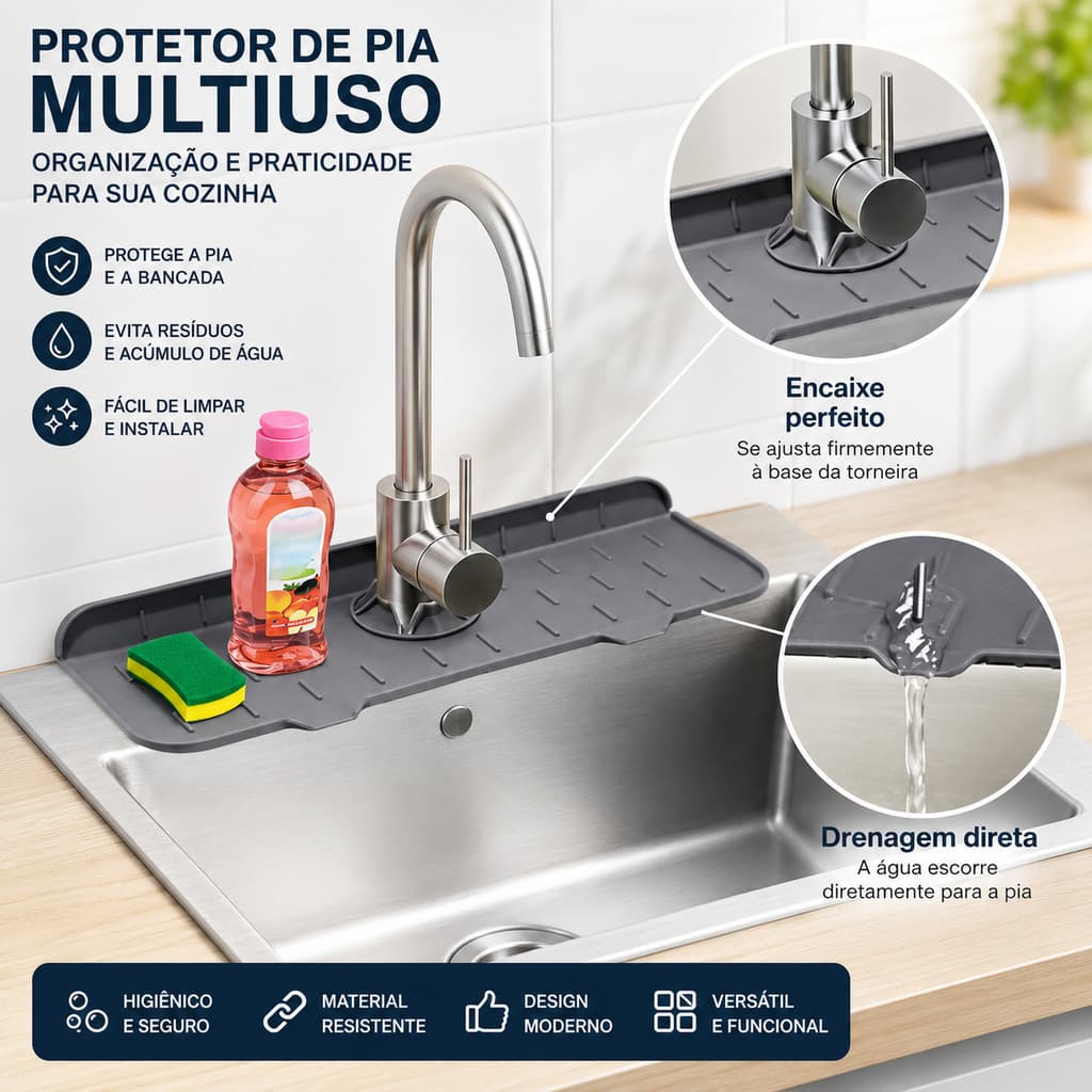 Protetor de Pia Silicone Tapete Escorredor Torneira Cozinha Organizador Anti Respingo Drenagem Diret