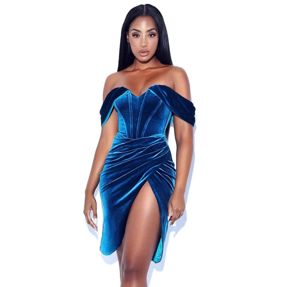 Vestido de Veludo Coreano Off-Shoulder com Fenda e Detalhe Fishbone 2026, Vestido de Noite para Mulheres, Elegante e Sex