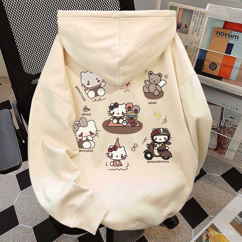 Moletom Feminino com Zíper Hello Kitty Bear Estampa de Vários Personagens de Desenho Animado, Jaqueta Casual de Manga Lo
