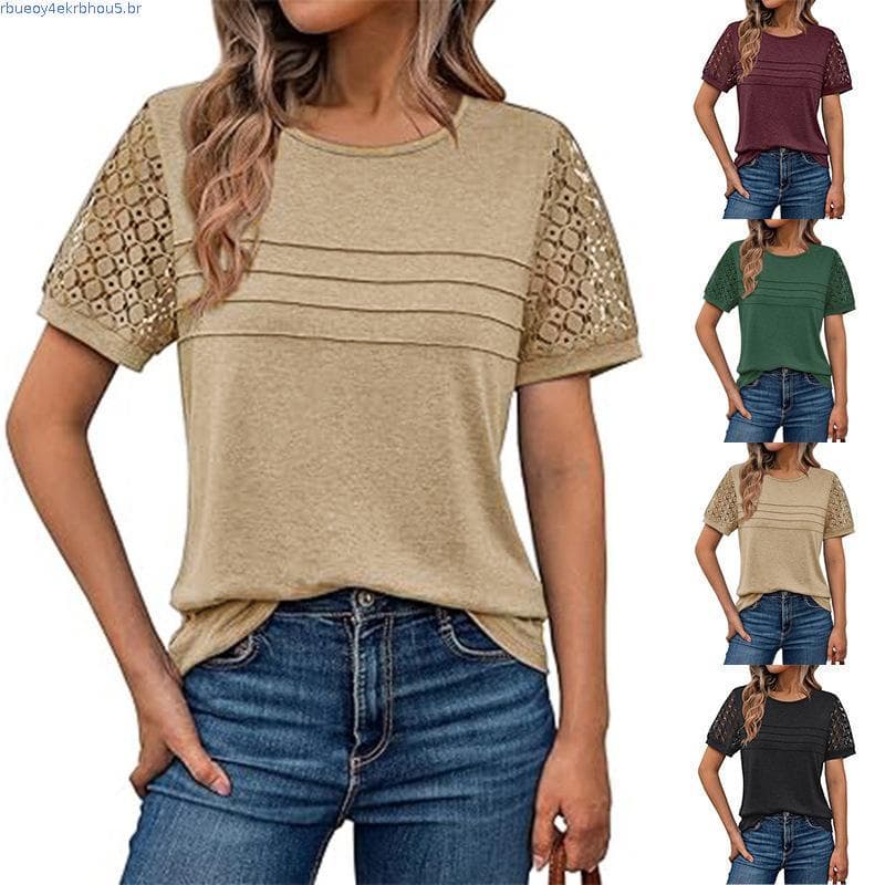 Csas Femininas De Manga Curta Elegantes Rendas Verão Topos Primavera Na Moda Csetas Casuais Bonito Roupas De Traba