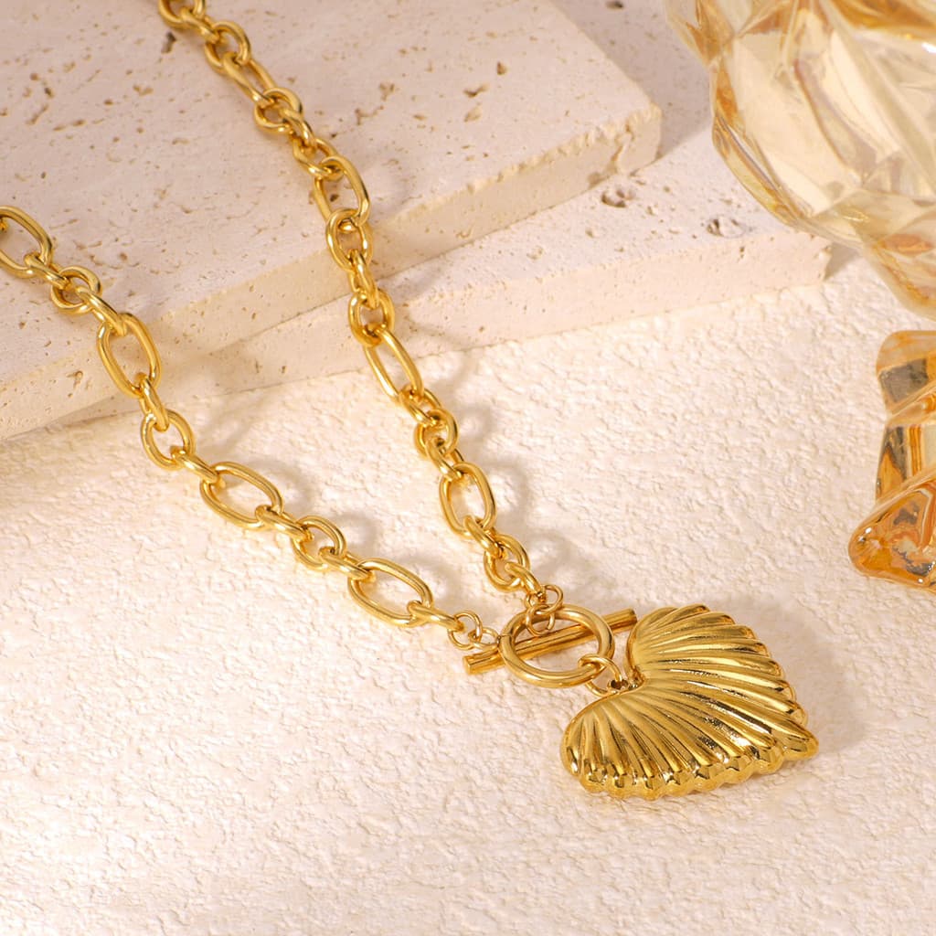 [Estoque pronto] Moda retrô amor em forma de coração simples longo corrente de aço inoxidável 18K ouro OT fivela colar f