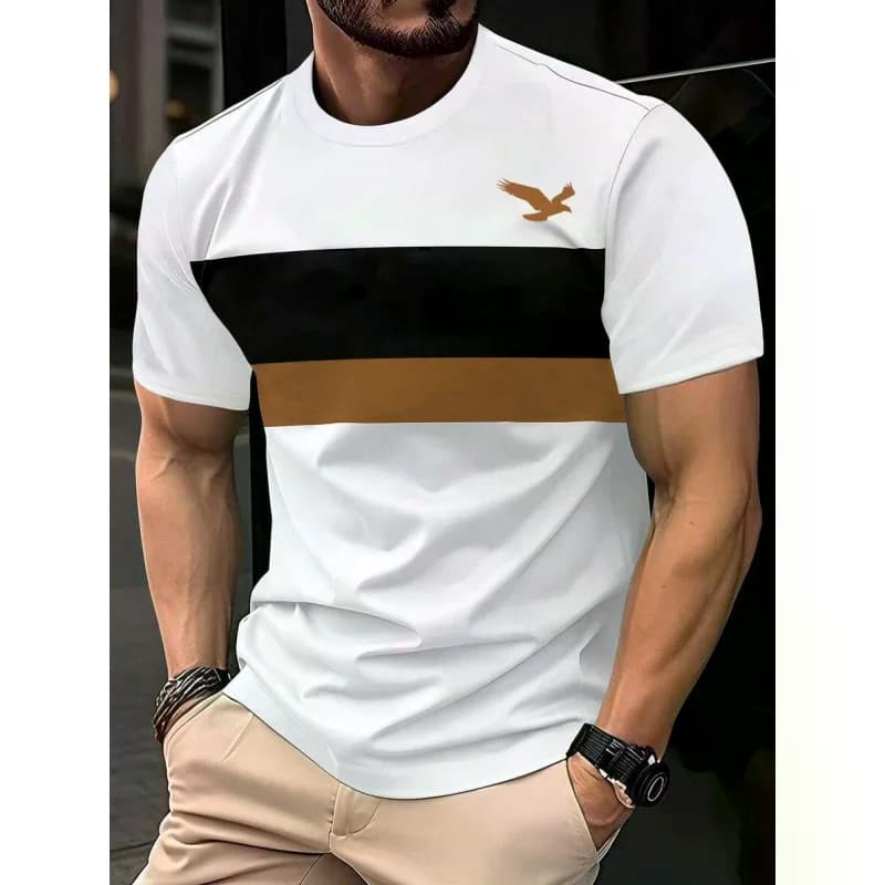 Camiseta Masculina Com Emenda Geométrica Impressa Em 3D , Camisetas Estampa De Listras Coloridas , Verão , Casual , Gola